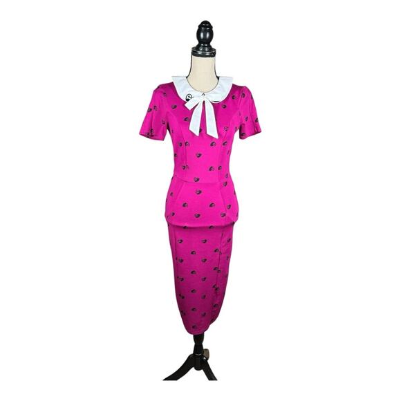Unique Vintage Berry Pink Black Cat Print Renata Pencil Dress - Picture 4 of 7